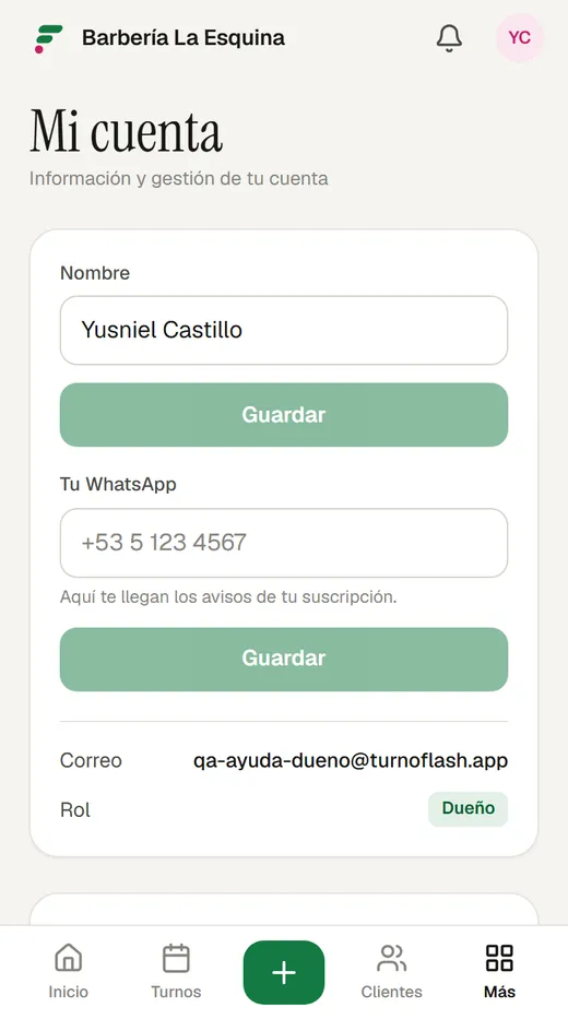 Mi cuenta: tu nombre, tu WhatsApp y tu contraseña.
