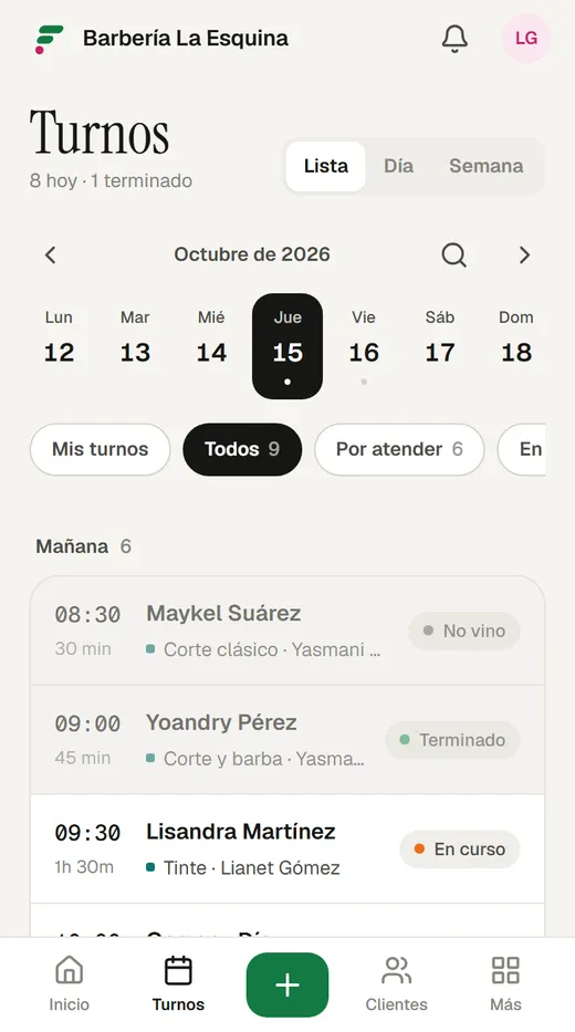La agenda: «Mis turnos» muestra solo los tuyos.