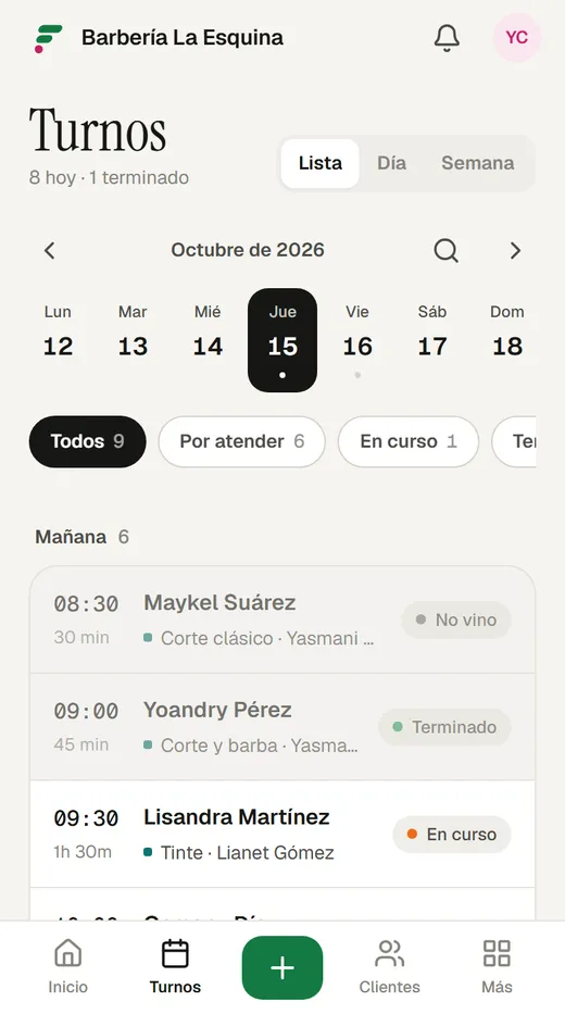La agenda en modo Lista, con los turnos de la mañana y de la tarde y su estado.