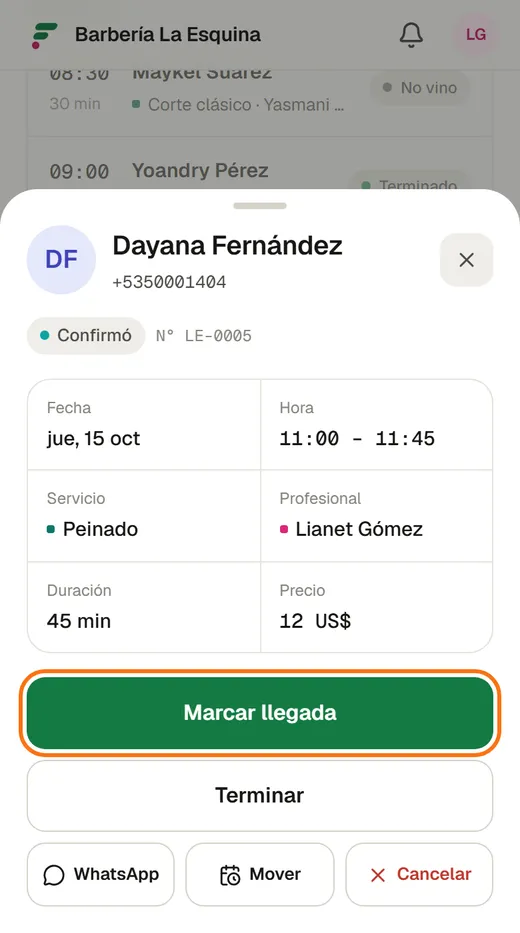 Al tocar un turno se abre su ficha. El botón grande es el siguiente paso: aquí, «Marcar llegada».