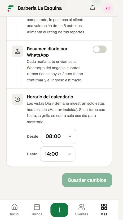 Ajustes: Horario del calendario, de 08:00 a 14:00.