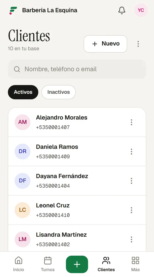 La lista de clientes, con el buscador y el botón «Nuevo».
