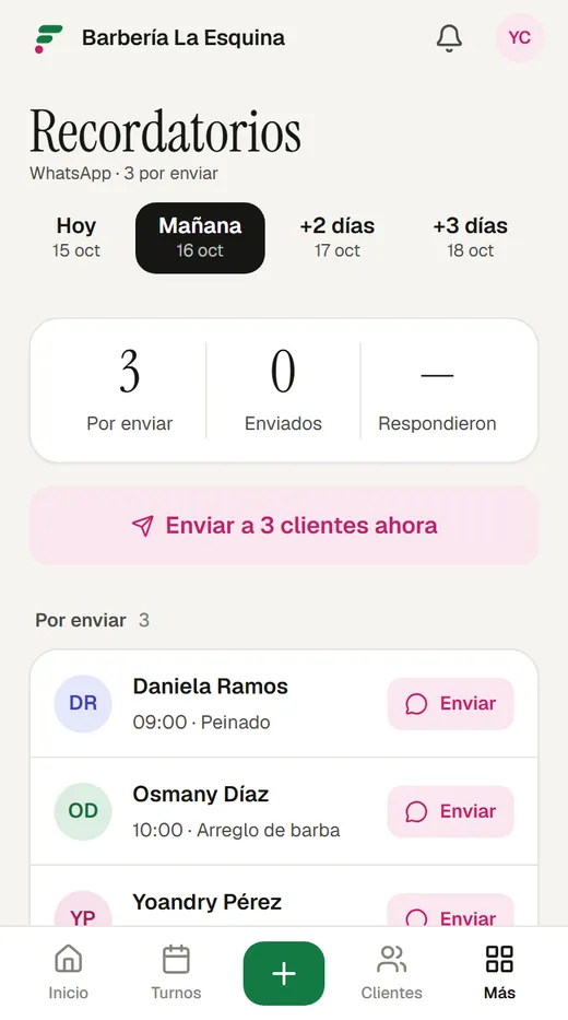 Recordatorios: los clientes de mañana a los que falta avisar.