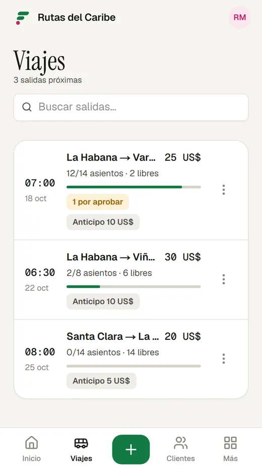 Tus salidas, con los asientos ocupados y lo que falta aprobar.